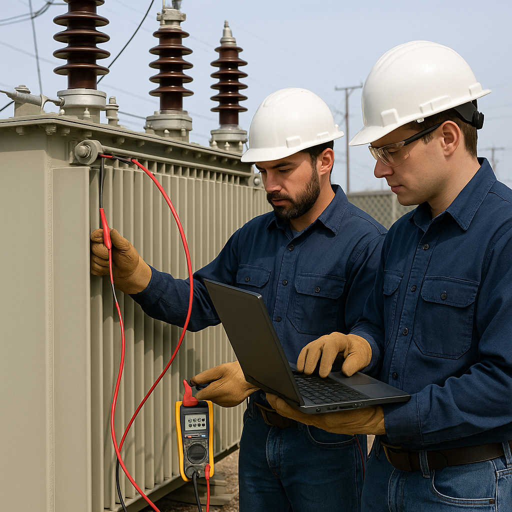 Two industrial electrical technicians in safety gear perform transformer winding tests using diagnostic equipment and a laptop at a substation.